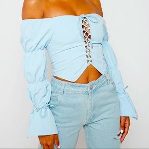 LACE UP PUFF SLEEVE TOP - BLUE